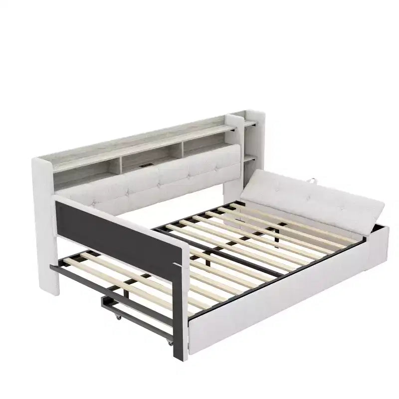 GDFStudio Divano Letto Hill con Rivestimento, Pouf Contenitore e Mensole, Letto Estraibile