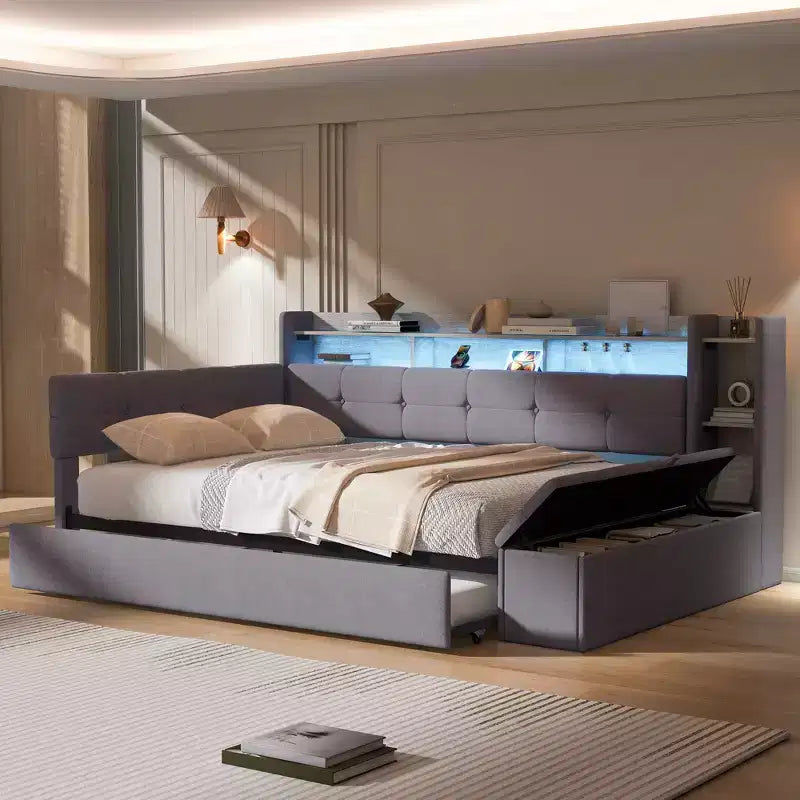 GDFStudio Divano Letto Hill con Rivestimento, Pouf Contenitore e Mensole, Letto Estraibile