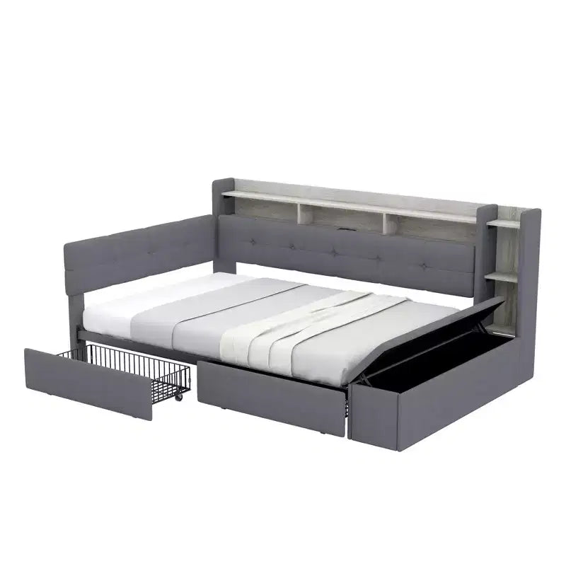 GDFStudio Nguyen Divano Letto Imbottito con Poggiapiedi Contenitore e Scaffali, con Due Cassetti