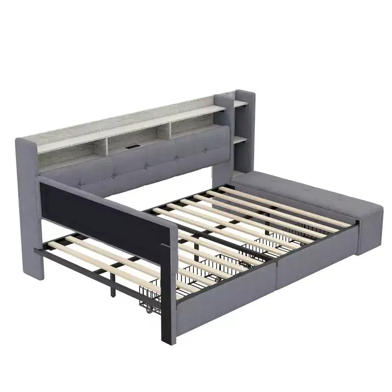GDFStudio Nguyen Divano Letto Imbottito con Poggiapiedi Contenitore e Scaffali, con Due Cassetti