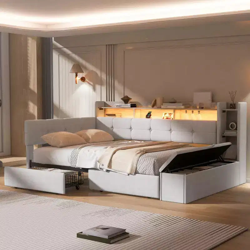 GDFStudio Nguyen Divano Letto Imbottito con Poggiapiedi Contenitore e Scaffali, con Due Cassetti