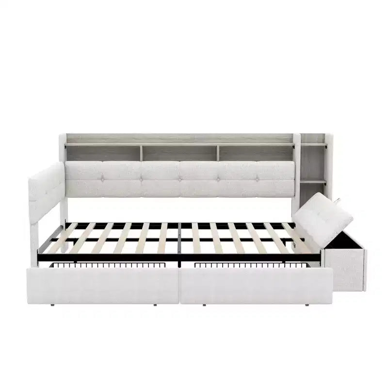 GDFStudio Nguyen Divano Letto Imbottito con Poggiapiedi Contenitore e Scaffali, con Due Cassetti