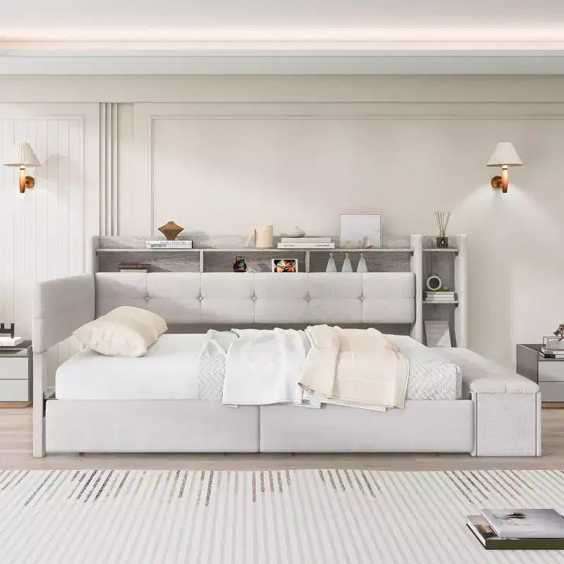 GDFStudio Nguyen Upholstery Daybed with Storage Footstool and Shelves,with Two Drawers