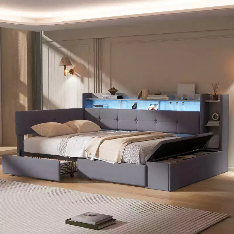 GDFStudio Nguyen Divano Letto Imbottito con Poggiapiedi Contenitore e Scaffali, con Due Cassetti