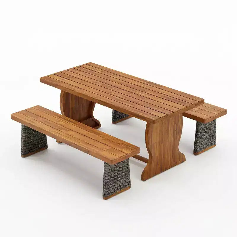 Christopher Knight Home Clara Set da Pranzo da Esterno Rustico in Acacia 3 Pezzi con Panche in Rattan Intrecciato