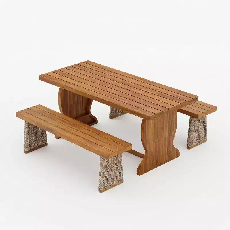 Christopher Knight Home Clara Set da Pranzo da Esterno Rustico in Acacia 3 Pezzi con Panche in Rattan Intrecciato