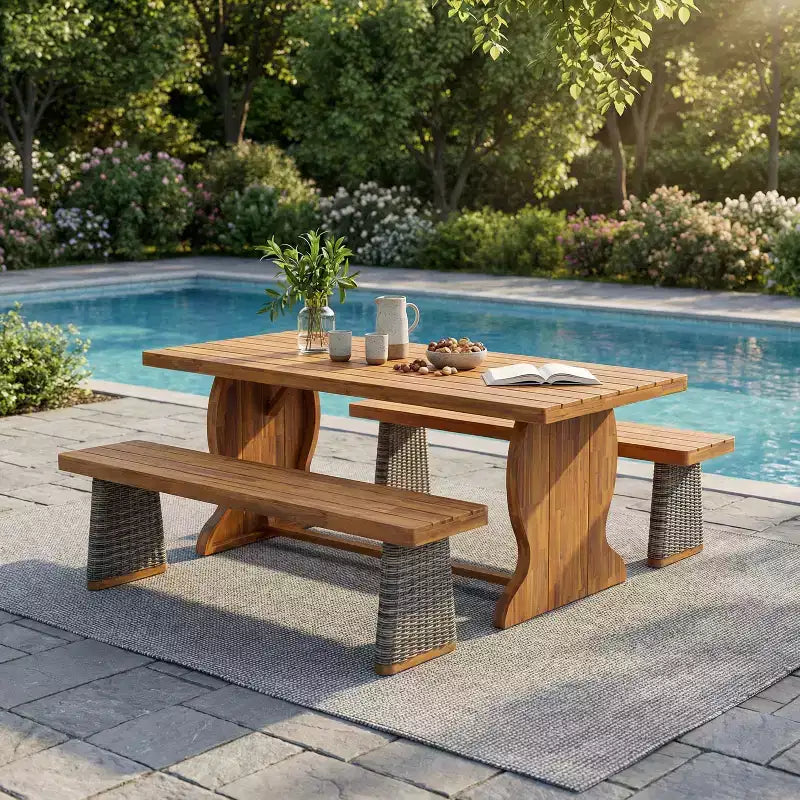 Christopher Knight Home Clara Set da Pranzo da Esterno Rustico in Acacia 3 Pezzi con Panche in Rattan Intrecciato