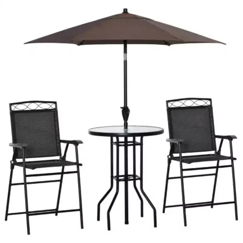 4-Piece Outdoor Patio Dining Set with Wave-Textured Tempered Glass Table, 2 Folding Chairs & Adjustable Angle Umbrella for Patio Garden - Black