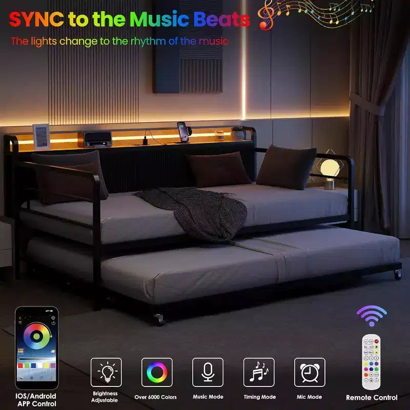 Struttura Divano Letto a Giorno Doppio GustoWave con Luci LED, Stazione di Ricarica, Testiera Contenitore, Letto Estraibile Pop-Up