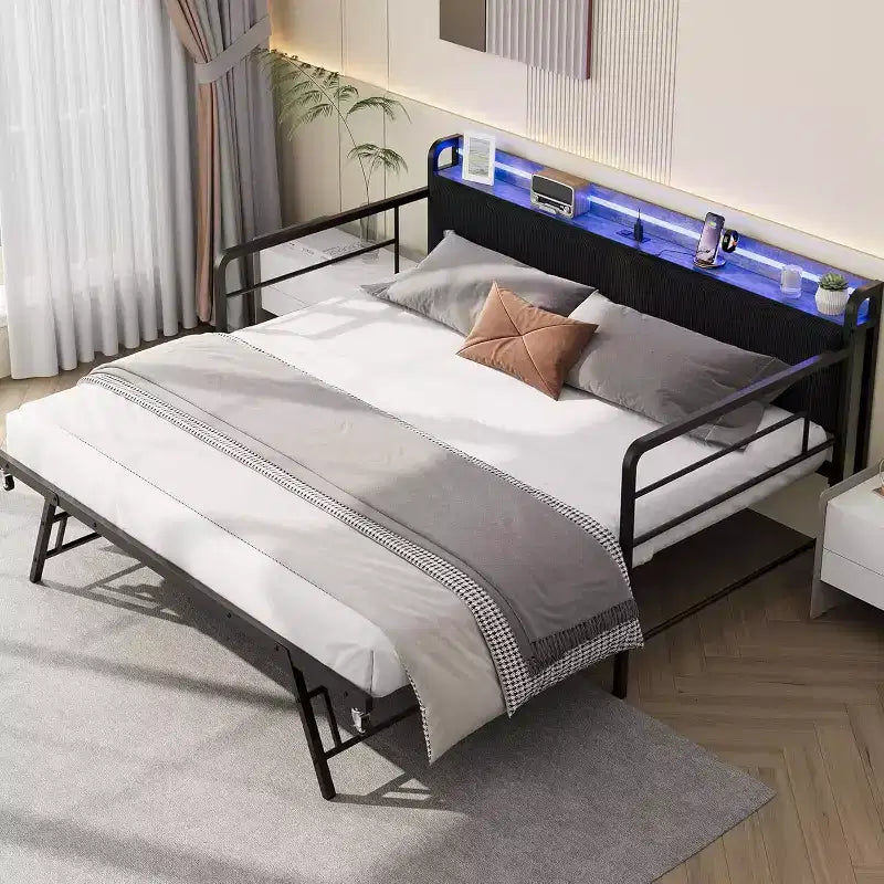 Struttura Divano Letto a Giorno Doppio GustoWave con Luci LED, Stazione di Ricarica, Testiera Contenitore, Letto Estraibile Pop-Up