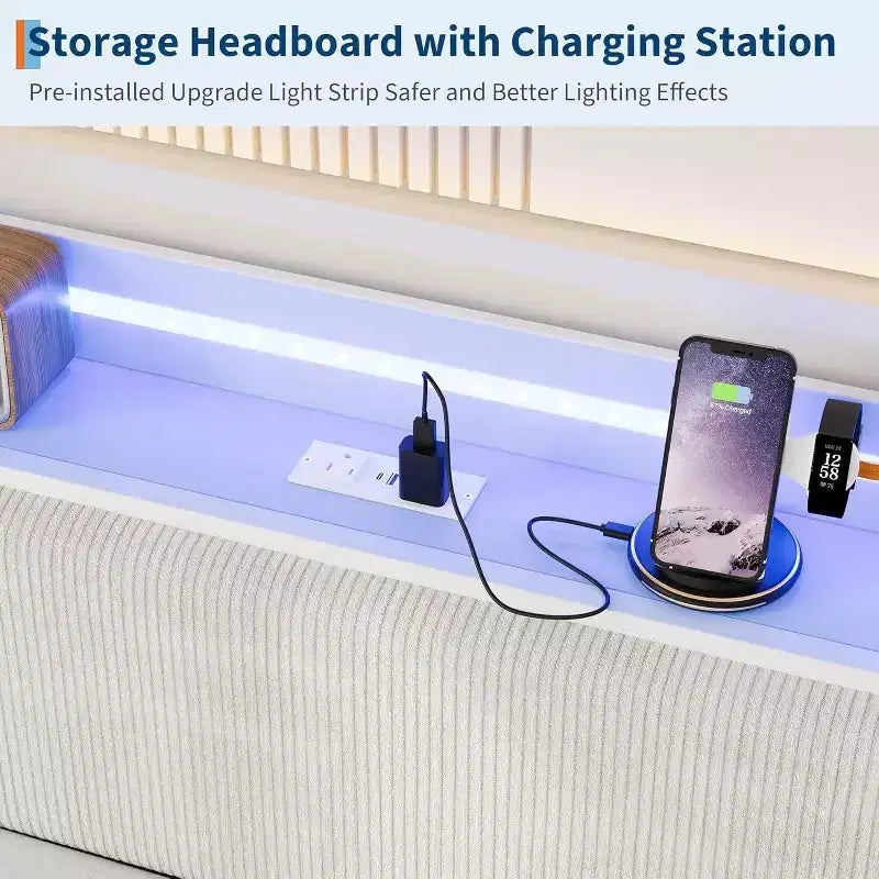 Struttura Divano Letto a Giorno Doppio GustoWave con Luci LED, Stazione di Ricarica, Testiera Contenitore, Letto Estraibile Pop-Up