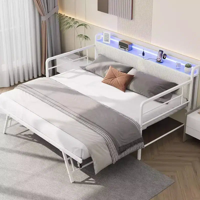 Struttura Divano Letto a Giorno Doppio GustoWave con Luci LED, Stazione di Ricarica, Testiera Contenitore, Letto Estraibile Pop-Up