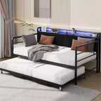 GustoWave Twin Daybed Frame with LED Lights Charging Station Storage Headboard, Pop Up Trundle