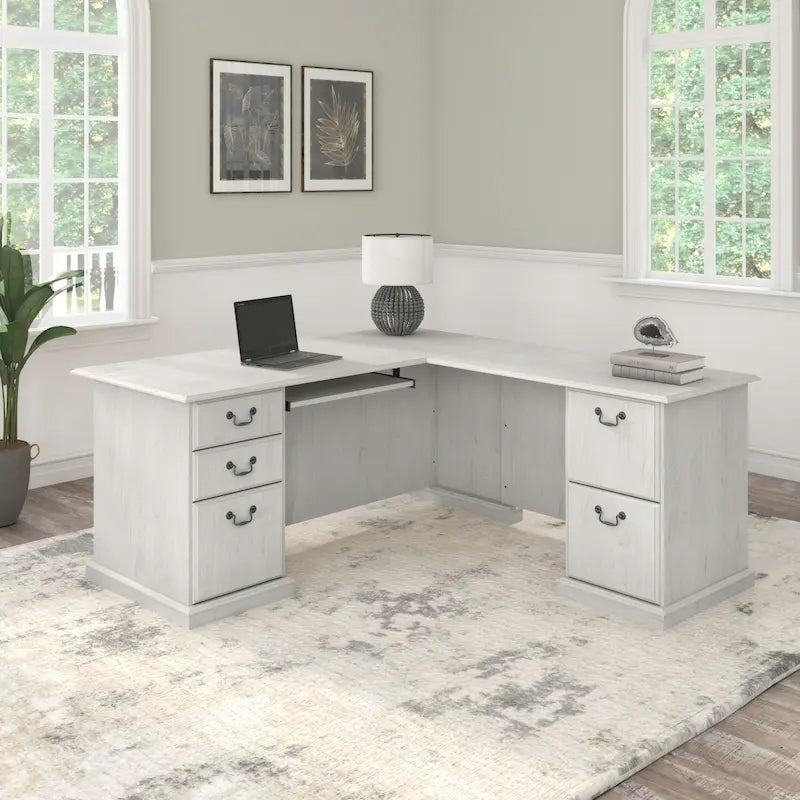 Scrivania per computer a L con cassetti, ciliegio harvest / grigio moderno / quercia bianca lino, 1 persona