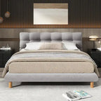 Letto a piattaforma imbottito in ciniglia grigia con testiera a biscotto, Full/Queen/King
