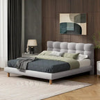 Letto a piattaforma imbottito in ciniglia grigia con testiera a biscotto, Full/Queen/King