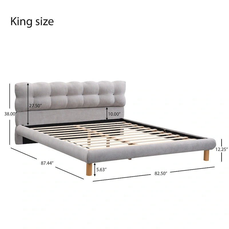 Letto a piattaforma imbottito in ciniglia grigia con testiera a biscotto, Full/Queen/King