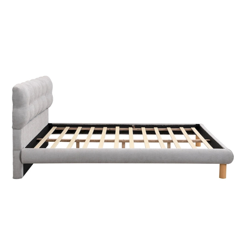 Letto a piattaforma imbottito in ciniglia grigia con testiera a biscotto, Full/Queen/King