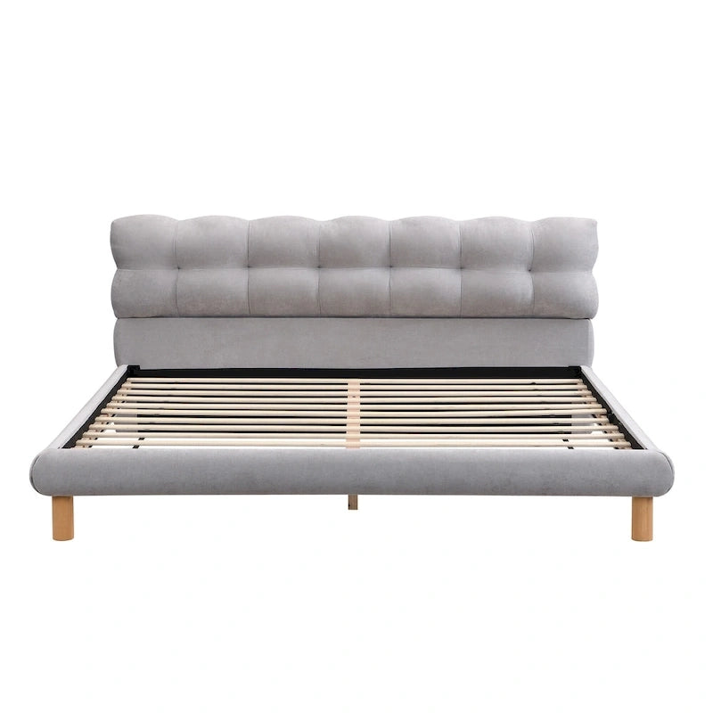 Letto a piattaforma imbottito in ciniglia grigia con testiera a biscotto, Full/Queen/King