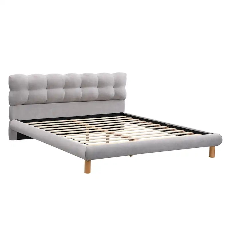 Letto a piattaforma imbottito in ciniglia grigia con testiera a biscotto, Full/Queen/King