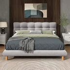 Letto a piattaforma imbottito in ciniglia grigia con testiera a biscotto, Full/Queen/King