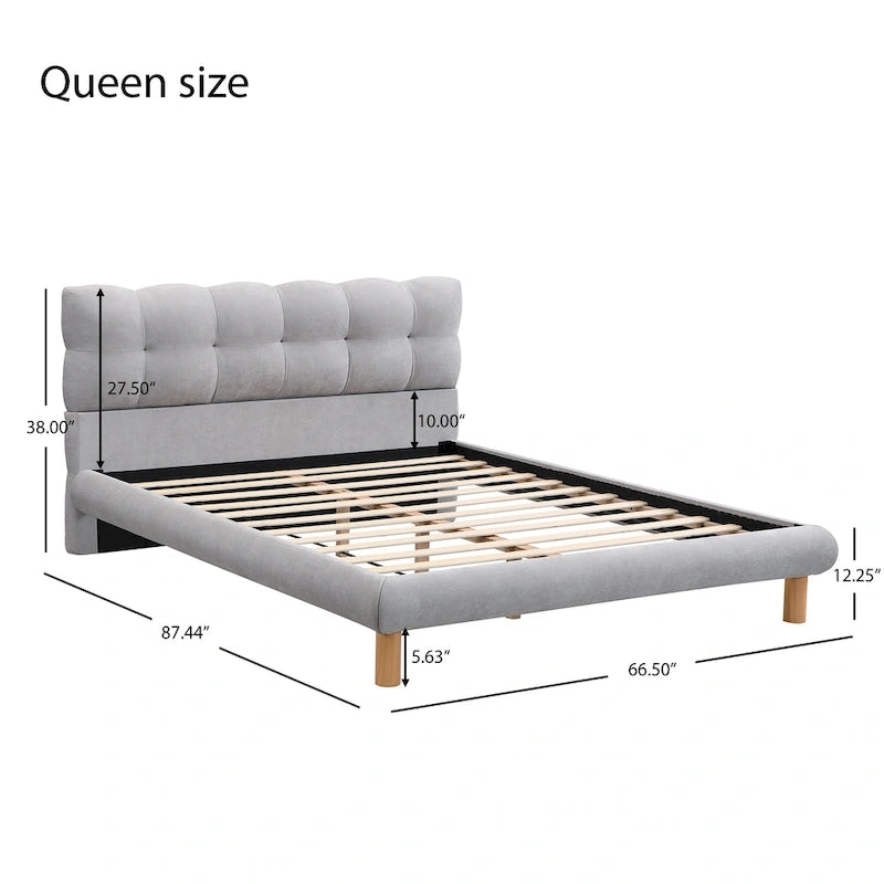 Letto a piattaforma imbottito in ciniglia grigia con testiera a biscotto, Full/Queen/King