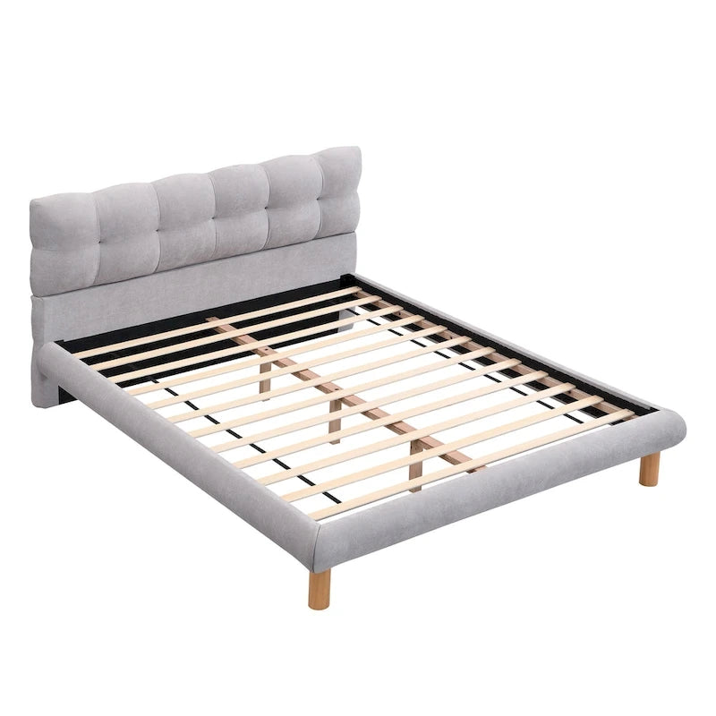 Letto a piattaforma imbottito in ciniglia grigia con testiera a biscotto, Full/Queen/King