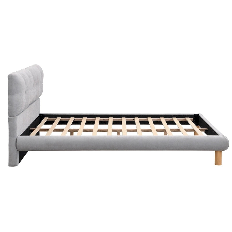 Letto a piattaforma imbottito in ciniglia grigia con testiera a biscotto, Full/Queen/King