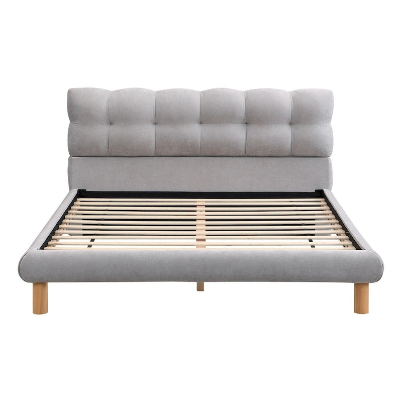 Letto a piattaforma imbottito in ciniglia grigia con testiera a biscotto, Full/Queen/King