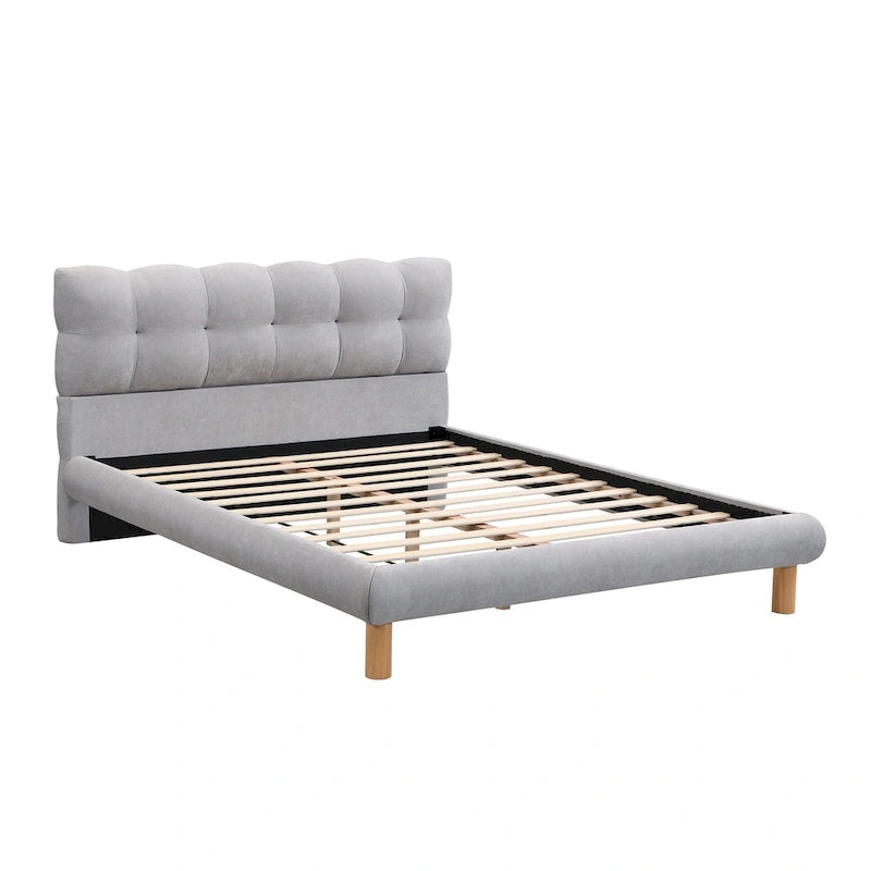 Letto a piattaforma imbottito in ciniglia grigia con testiera a biscotto, Full/Queen/King