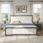 Letto king-size con testiera in bouclé color avorio, grigio chiaro, 1 posto letto