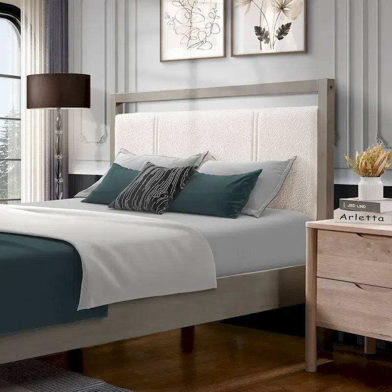 Letto king-size con testiera in bouclé color avorio, grigio chiaro, 1 posto letto