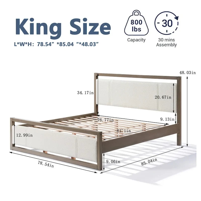 Letto king-size con testiera in bouclé color avorio, grigio chiaro, 1 posto letto