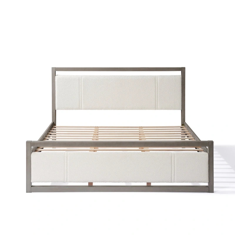 Letto king-size con testiera in bouclé color avorio, grigio chiaro, 1 posto letto