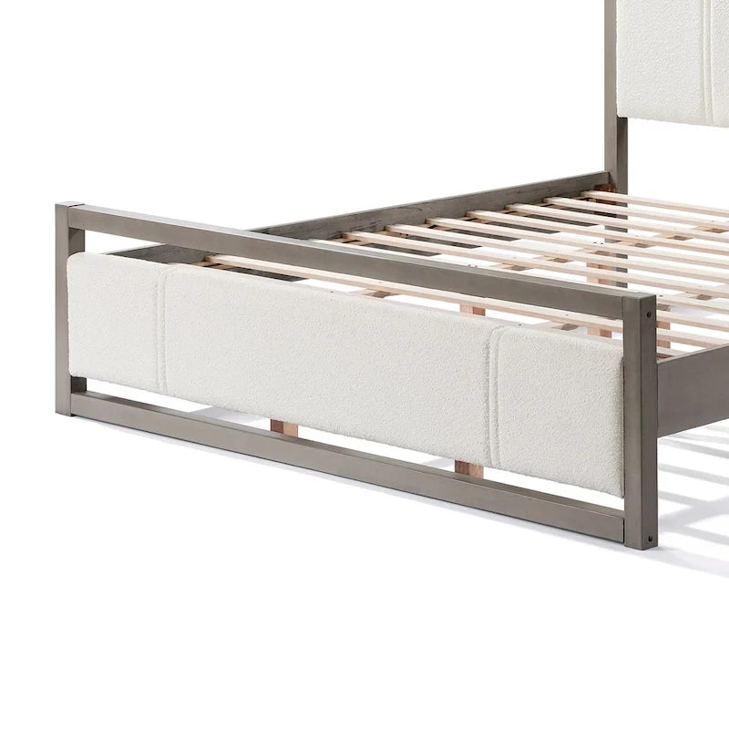 Letto king-size con testiera in bouclé color avorio, grigio chiaro, 1 posto letto