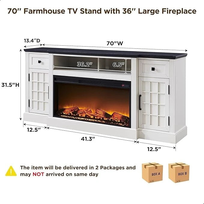 Mobile TV rustico con caminetto elettrico, 70", Adatto per TV fino a 80", Nero / Marrone rustico / Bianco