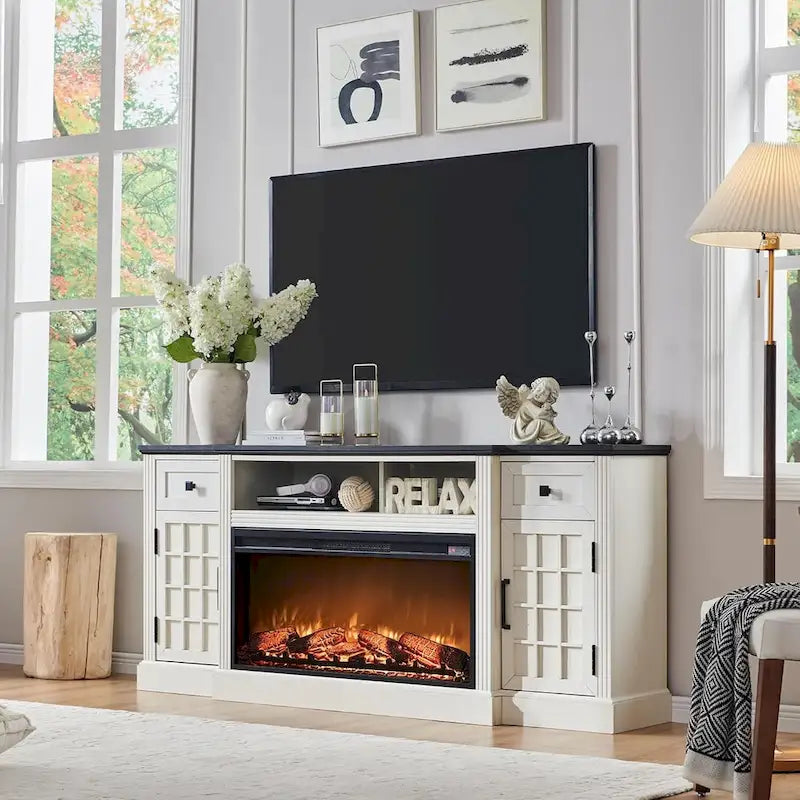 Mobile TV rustico con caminetto elettrico, 70", Adatto per TV fino a 80", Nero / Marrone rustico / Bianco