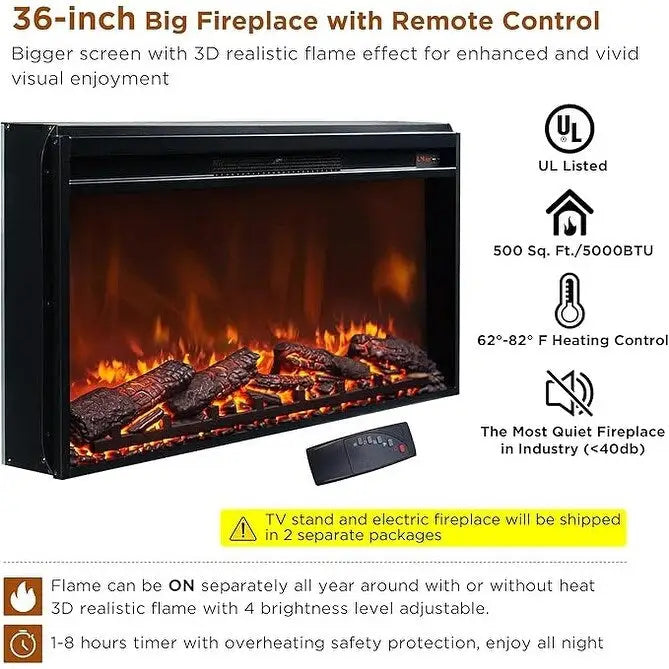 Mobile TV rustico con caminetto elettrico, 70", Adatto per TV fino a 80", Nero / Marrone rustico / Bianco