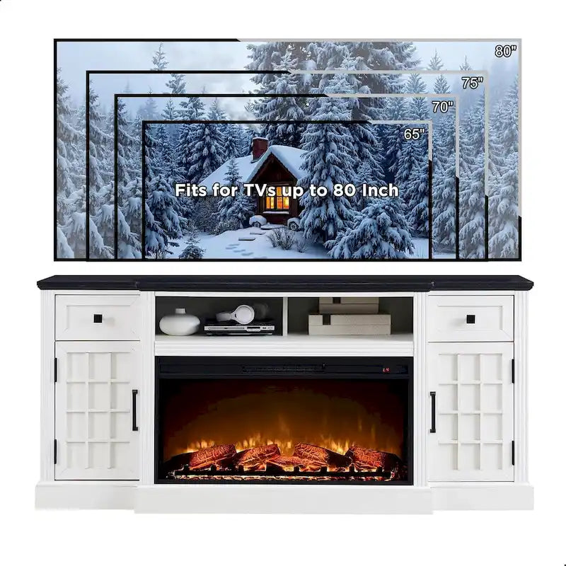 Mobile TV rustico con caminetto elettrico, 70", Adatto per TV fino a 80", Nero / Marrone rustico / Bianco