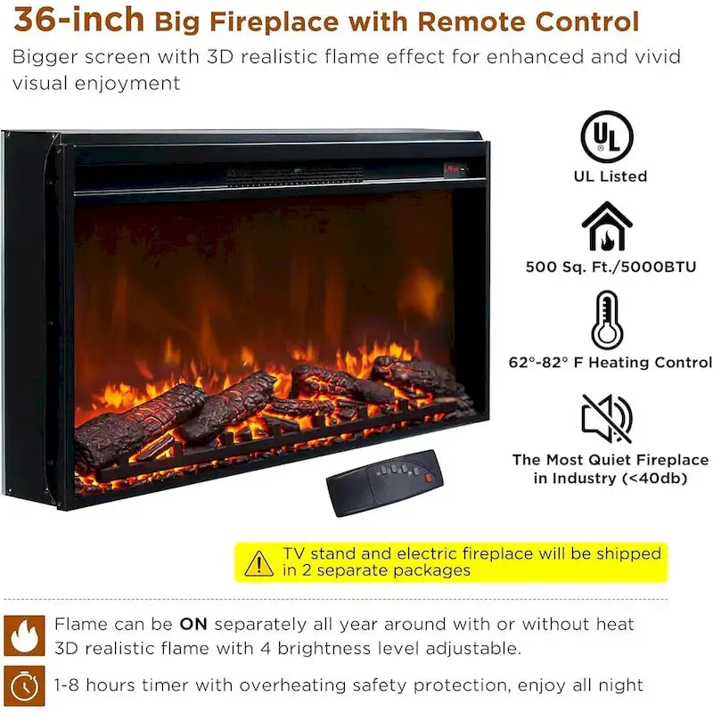 Mobile TV rustico con caminetto elettrico, 70", Adatto per TV fino a 80", Nero / Marrone rustico / Bianco