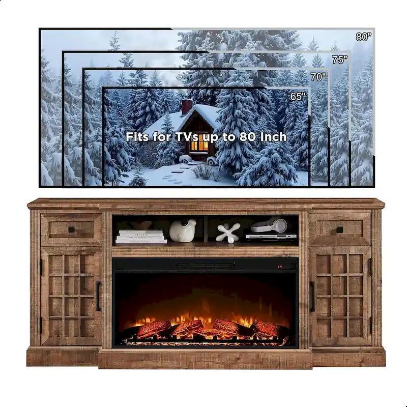 Mobile TV rustico con caminetto elettrico, 70", Adatto per TV fino a 80", Nero / Marrone rustico / Bianco