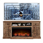 Mobile TV rustico con caminetto elettrico, 70", Adatto per TV fino a 80", Nero / Marrone rustico / Bianco