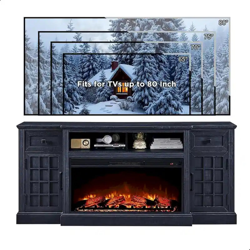 Mobile TV rustico con caminetto elettrico, 70", Adatto per TV fino a 80", Nero / Marrone rustico / Bianco