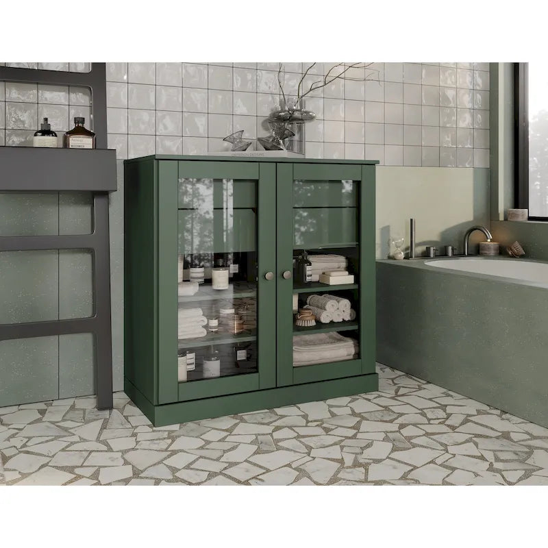 Mobile da bagno in legno massello da 32" — Ante in vetro trasparente, 2 cassetti e ripiani regolabili, colori multipli