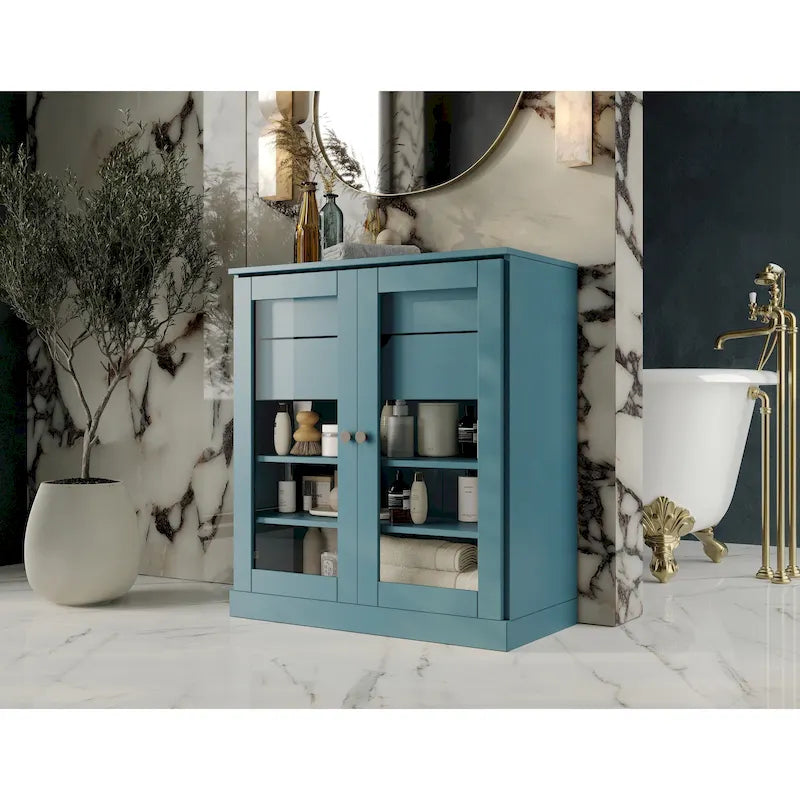 Mobile da bagno in legno massello da 32" — Ante in vetro trasparente, 2 cassetti e ripiani regolabili, colori multipli