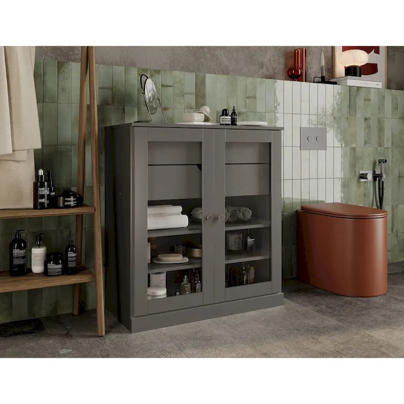 Mobile da bagno in legno massello da 32" — Ante in vetro trasparente, 2 cassetti e ripiani regolabili, colori multipli