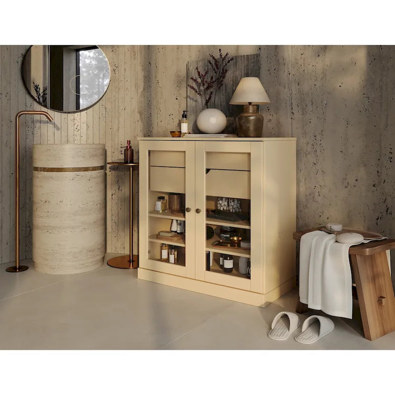 Mobile da bagno in legno massello da 32" — Ante in vetro trasparente, 2 cassetti e ripiani regolabili, colori multipli