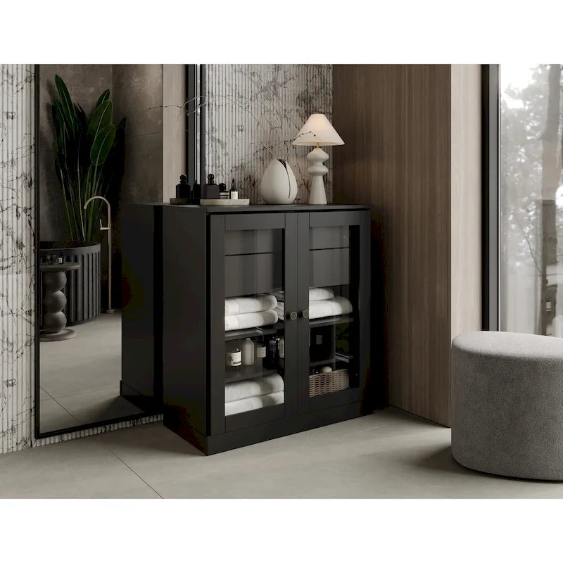 Mobile da bagno in legno massello da 32" — Ante in vetro trasparente, 2 cassetti e ripiani regolabili, colori multipli