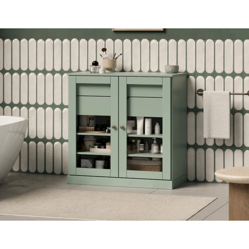 Mobile da bagno in legno massello da 32" — Ante in vetro trasparente, 2 cassetti e ripiani regolabili, colori multipli