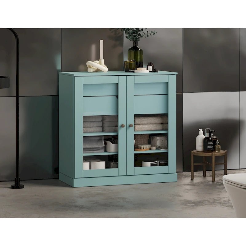 Mobile da bagno in legno massello da 32" — Ante in vetro trasparente, 2 cassetti e ripiani regolabili, colori multipli